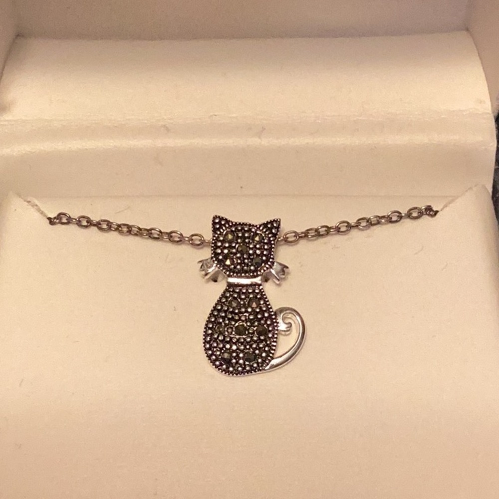 Genuine Marcasite Silver Plated Cat Pendant Necklace